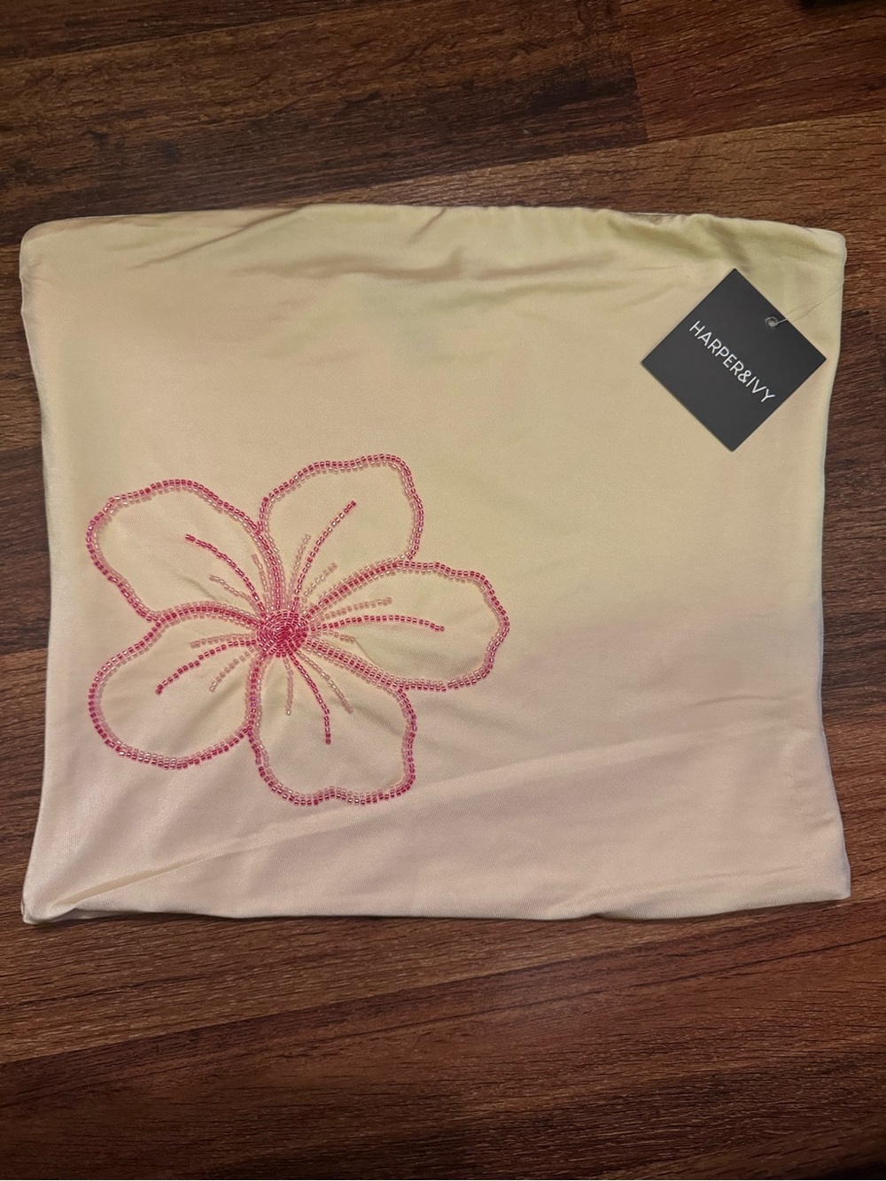 Harper Cream light yellow Strapless Tube Top with Pink Beaded Floral Accent